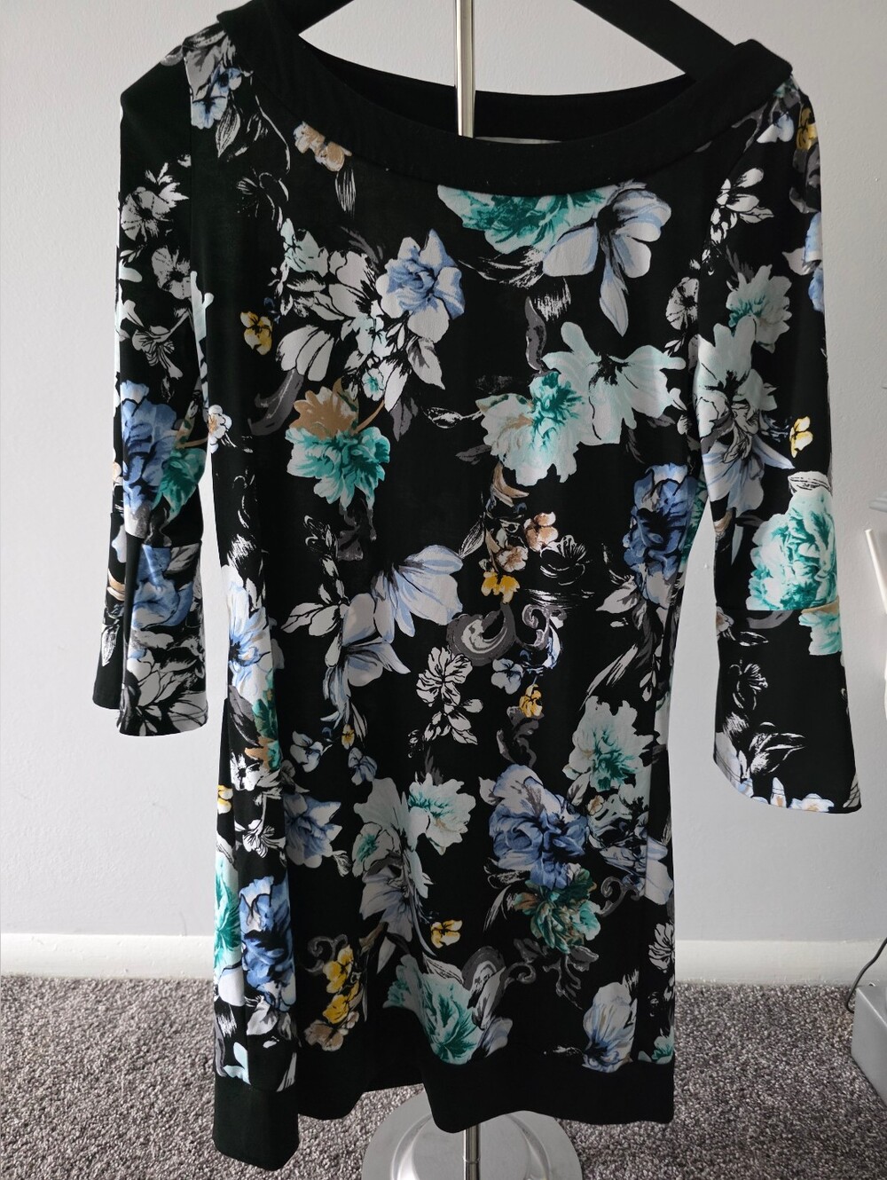 White House Black Market Black Floral Midi Dress with Teal and Blue Blooms